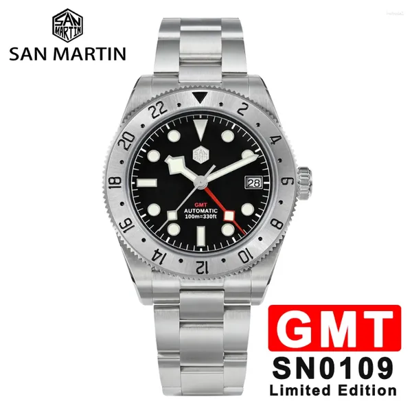 Наручные часы San Martin GMT 39 мм Мужские часы для дайвинга Япония NH34 BB58 Автоматические механические водонепроницаемые наручные часы 100 м Двунаправленный безель SN0109G