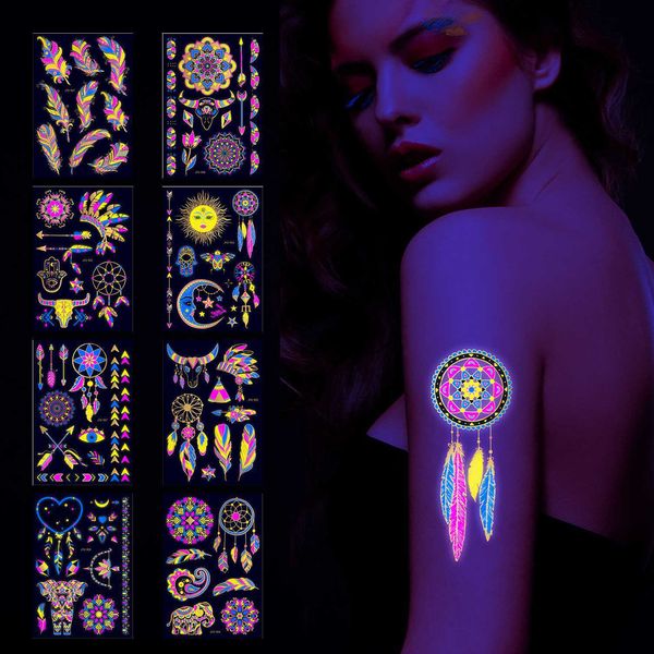 5 STÜCK Temporäre Tattoos Fluoreszierende Bronzierung Wasserdicht Temporäre Tattoos Feder Traumfänger Totem Party Mode Arm Neon Tattoos Aufkleber Großhandel Z0403