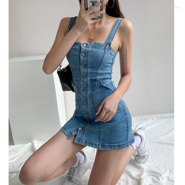 Vestidos casuais Mulheres vestido jeans de verão tiras sexy tiras magras saia curta azul coreana moda de rua clássica uma palavra colarinho jean