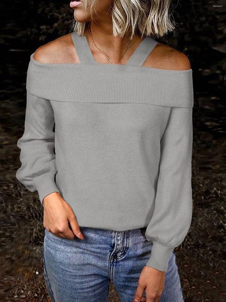 Женские свитера 2023, осенний свитер с длинными рукавами и открытыми плечами, серый винтажный повседневный свободный пуловер Y2K, модная сексуальная уличная одежда для девочек