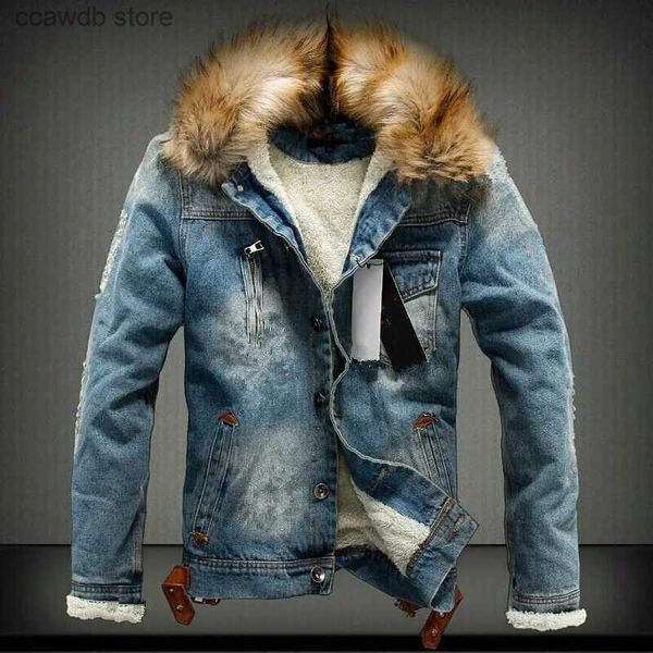 Мужские куртки Зимняя мужская джинсовая куртка с меховым воротником Рваная флисовая джинсовая куртка и пальто в стиле ретро на осень-зиму S-6XL T231104