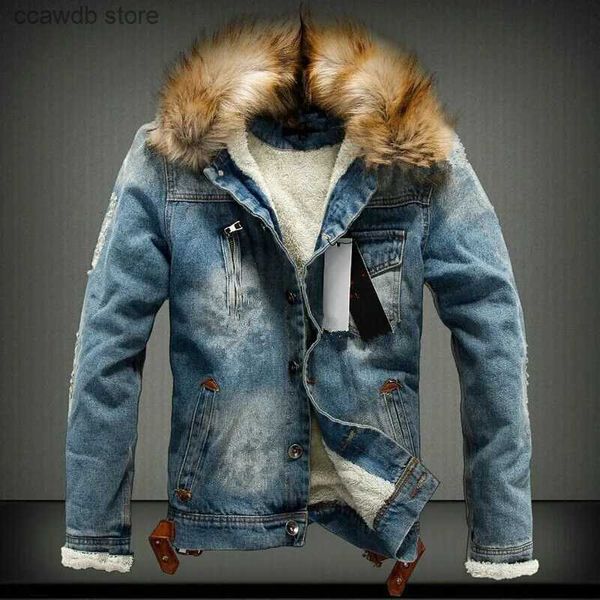 Giacche da uomo Giacca invernale da uomo in denim con collo in pelliccia Giacca e cappotto in jeans in pile retrò strappato per l'autunno inverno S-6XL T231104