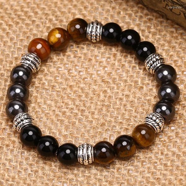 Fios de miçangas de miçangas exclusivas de pedra de pedra de pedra de tigre natural dos homens da pulseira de aço inoxidável hematita Black Obsidian Bracelets masculino