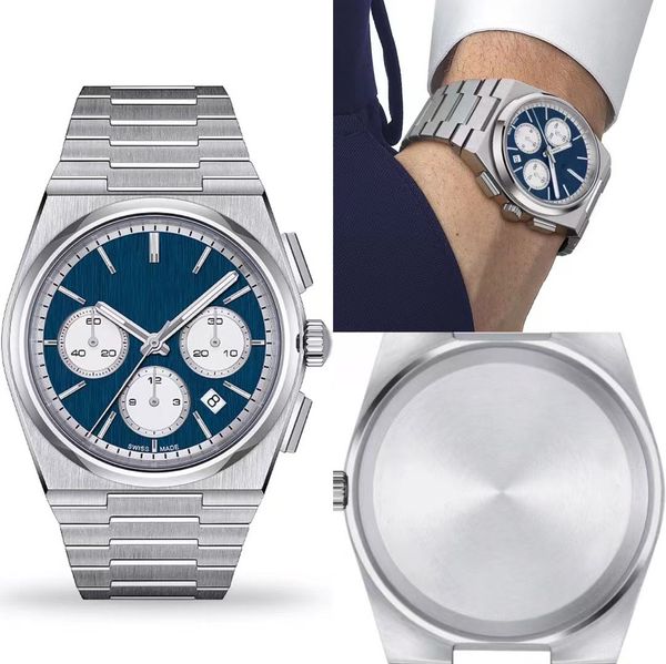 Relógio clássico masculino com movimento de cronometragem de quartzo, todo em aço inoxidável T137, mostrador azul, botão borboleta, calendário, display montre com a caixa de relógios de grife