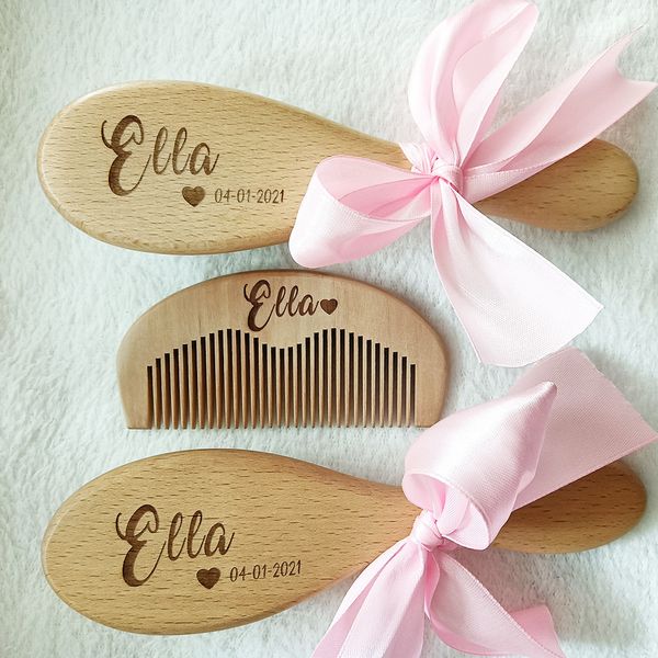 Party Favor Custom Name Baby Bath Comb Care Hair Brush Pure Natural Wool Wooden Neonatal Massage Bathtub and Registry Gift 230404