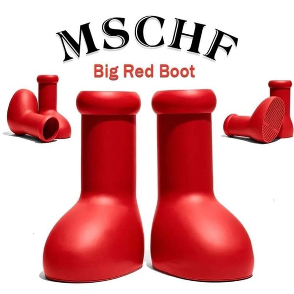 2023 Designer de botas de chuva MSCHF Men Women Red Eve Rubber Astro Boy Reps sobre as botas de joelho Sapatos de desenho animado Plataforma de fundo grossa