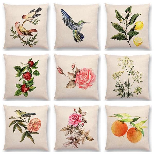 Kissen, Aquarell, schöne Vögel, Blumen, Pflanzen, Kolibri, Rose, Himbeeren, Dill, Gewürznelke, Mandeln, Sofaüberwurf, dekorativ