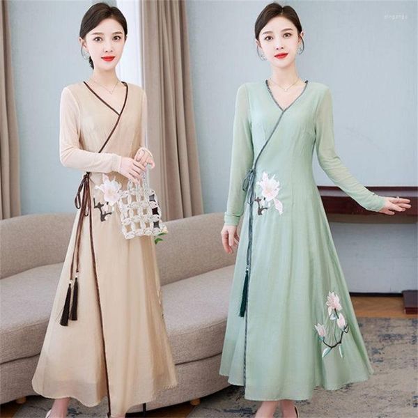 Sıradan elbiseler v yaka Çin tarzı giyim kadınlar 2023 İlkbahar Yaz Etnik İşlemeli Geleneksel Geliştirilmiş Hanfu Uzun Elbise H315