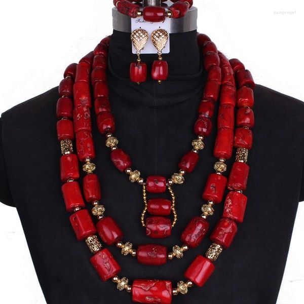 Brincos de colar Conjunto 4ujewelry 13-20mm Big Genuine Red Coral Rios Jóias para Casamentos Nigerianos Bridal 2023