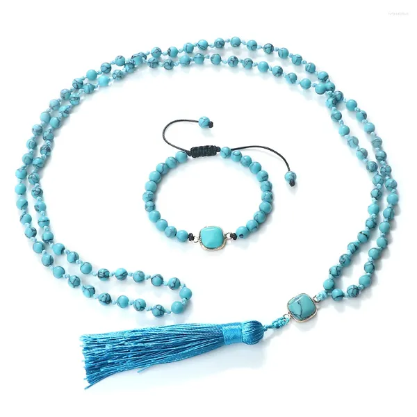 Collana Orecchini Set Perline 6mm Gioielli Pietra azzurra naturale Nappe annodate Meditazione Reiki Yoga Uomo Donna Bracciale 108 Mala Rosario