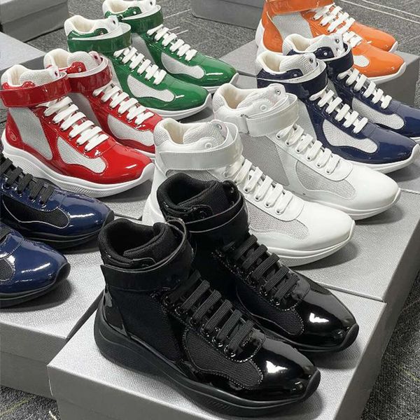 Americas Cup XL Tênis de couro Designer Homens Sapatos de couro envernizado Malha Nylon Runner Treinadores Mulheres High Top Sapatos Casuais Sapatos Esportivos Ao Ar Livre Com Caixa NO53