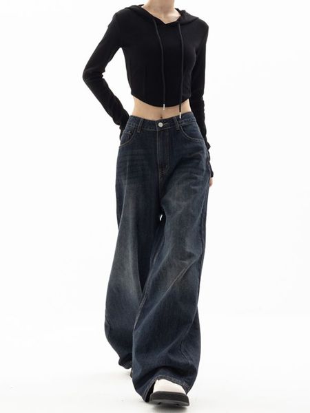 Jeans femininos Houzhou Vintage Jeans de perna larga Harajuku Bagagem Denim TRUSHERS