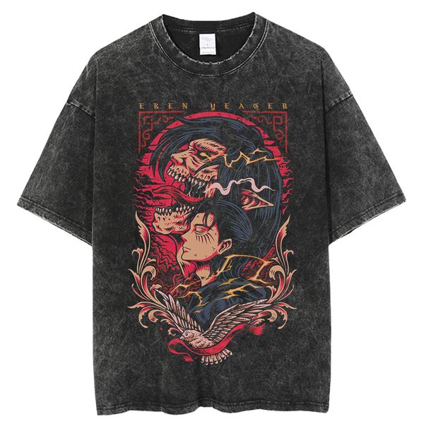 Mens Tshirts Vintage Lavado Tshirts Ataque na camiseta de anime Titan Harajuku Tee Cotton Fashion Streetwear UNissex Top 230404