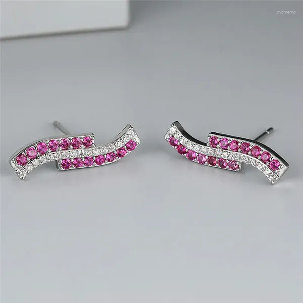 Ohrstecker Minimalistisch Rose Rot Stein Welle Für Frauen Silber Farbe Inlay Kleine Zirkon Hochzeit Ohrstecker Verlobung Schmuck Geschenk