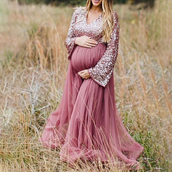 Vestidos de maternidade vestido de mulheres grávidas elegantes, fotografando grande exibição de lantejoulas de ombro, vestido feminino de gestante sólido vestido de manga longa de gola longa 230404