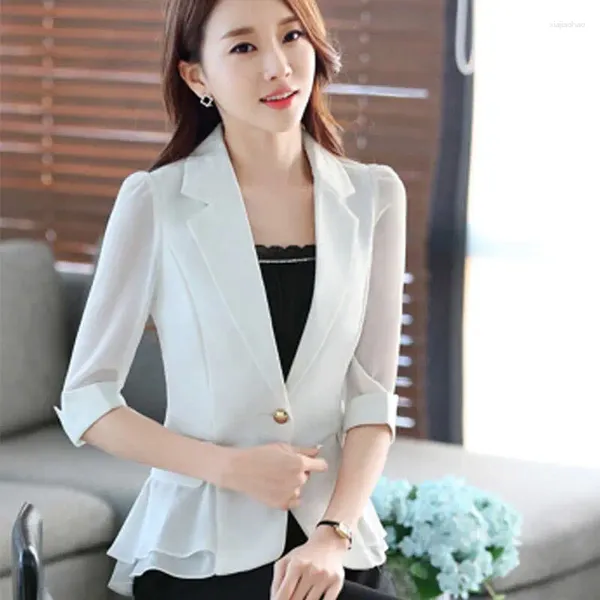 Ternos femininos 2023 pequeno blazer casaco curto verão três quartos mangas babados chiffon fino terno branco roupas das senhoras