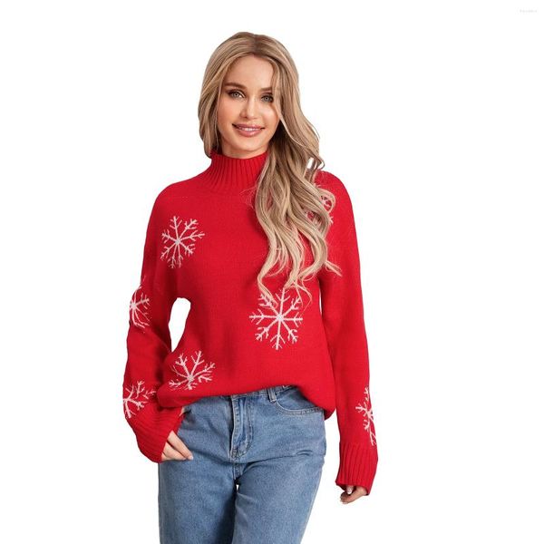 Maglioni da donna Autunno Inverno Caldo maglione di Natale Donna Rosso Fiocco di neve Jacquard Pullover Casual Donna Manica lunga Maglia allentata Top