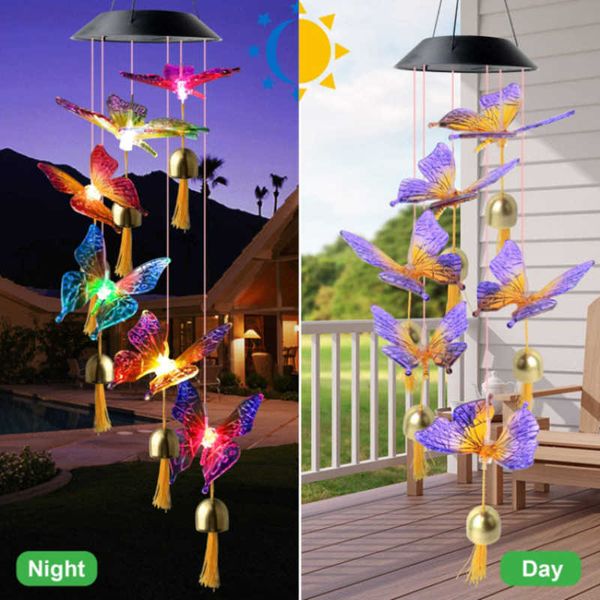 Novità Illuminazione Nuova energia solare Campane eoliche Carillon Sfera di cristallo Colibrì Farfalla Libellula Luce esterna impermeabile per Patio Yard Garde P230403