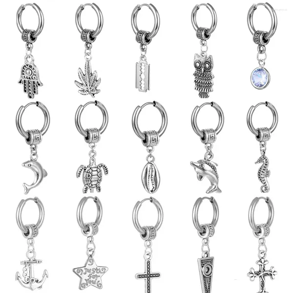 Baumeln Ohrringe 1 paar Edelstahl Straße Hip Hop Drop Ohrring Frauen Männer Vintage Silber Farbe Feder Hoop Unisex Schmuck