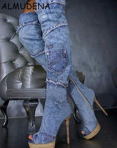 Donne nuovo stile suola in legno pizzo e jeans stivali lunghi congiunti peep toe zeppa tacco sottile moda casual T231104