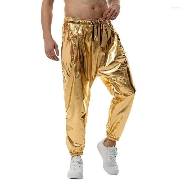 Calça masculina masculino brilhante ouro metálico partido dança de dança disco boate harém calças homens hip hop streetwear casual calça de moletom casual