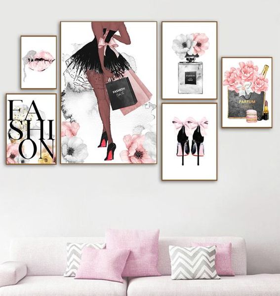 Mode Poster Frauen Parfüm Make-Up Leinwand Kunstdruck Sexy Lippen Gemälde High Heels Poster Rosa Blume Wand Bilder Wohnkultur 4652886