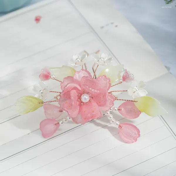 Grampos de cabelo rosa flor clipe chinês hairpin fada em forma de u tiaras para mulheres clássico hanfu headdress vintage casamento jóias presente