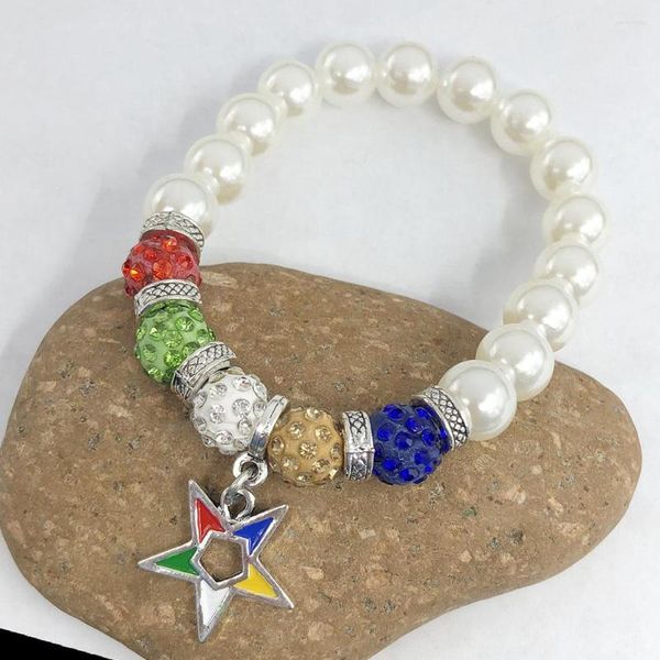 Strang Handgemachte Griechische Sorority Elastische Weiße Perle Order Of The Eastern Star Disco Ball Chram Armband Frauen Schmuck