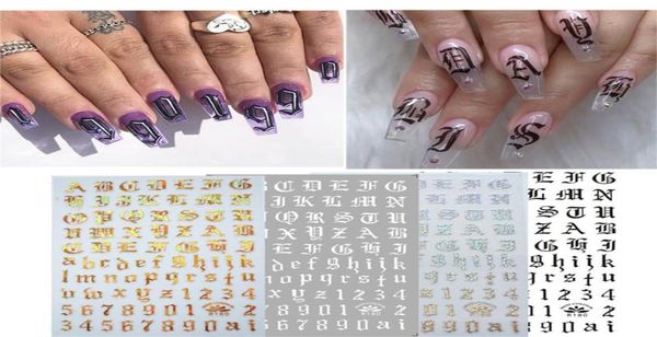 Новые наклейки для ногтей с английскими буквами, 4 шт., ультратонкие гуммированные черно-белые, золотые и серебряные принадлежности для дизайна ногтей, наклейки для ногтей D27306677126
