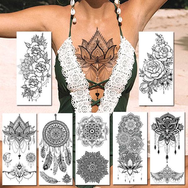 5 PC Tattoos temporários Black Henna Tattoos temporário Adesivo realista Jóias falsas Mandala Tatuagens de flores para mulheres Sexy Dreamcatcher Body Art Paper Z0403