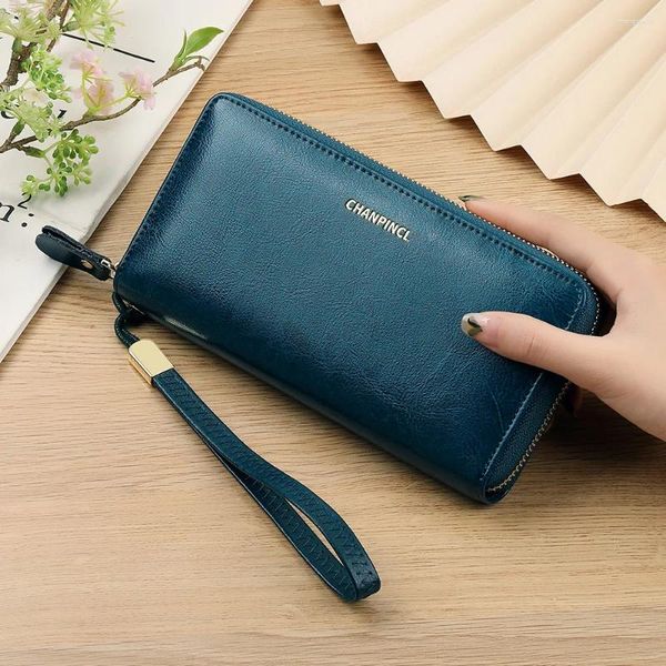 Brieftaschen Frauen Öl Wachs Echtes Leder Weibliche Große Kapazität Haspe Zipper Geldbörsen Damen Lange Clutch Münze Karte Halter