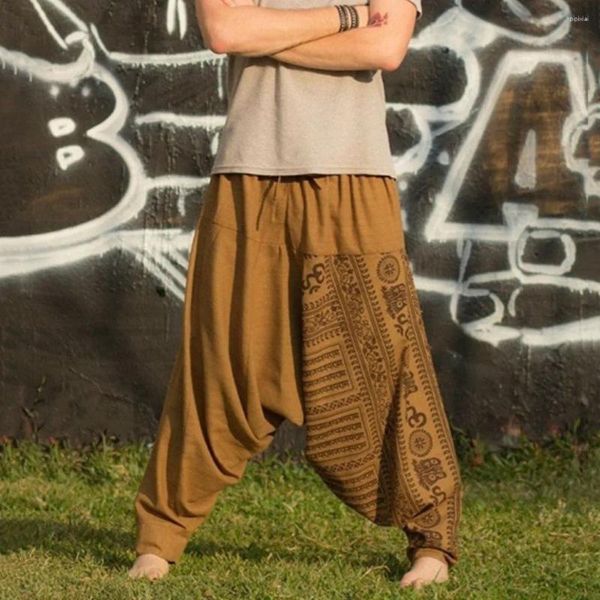 Мужские брюки-шаровары в этническом стиле, свободные мешковатые брюки в стиле хип-хоп из хлопка и льна, длинные брюки для бега, уличная одежда с заниженным шаговым швом