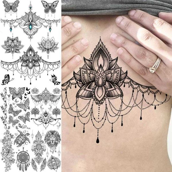 5 PC Tatuaggi Temporanei Lotus Henna Mandala Petto Tatuaggi Temporanei Per Le Donne Underboob Adulto Farfalla Tartaruga Leone Tatuaggio Finto Sexy Tatuaggi Impermeabili Z0403