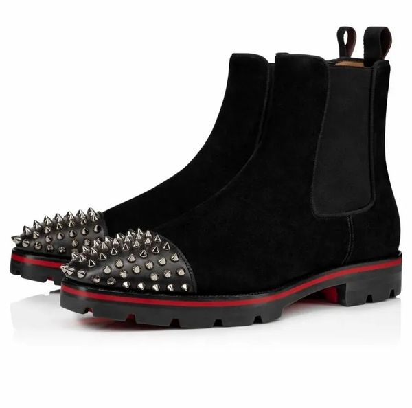 2024 Winter Luxus Marke Männer Melone Spikes Stiefeletten Lug Sohle Kalbsleder Kleid Hochzeit Party Martin Booties Gentleman Motorrad Bottes EU38-46 mit Box