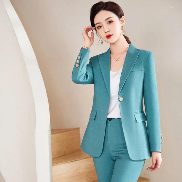 Zweiteilige Damen-Hosen, hochwertige Faser, formaler blauer Blazer, Damen-Hosenanzüge, Damen-Arbeits- und Business-Jacken-Set, Büro-Uniform-Stil