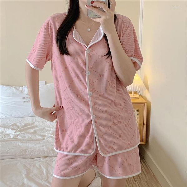 Damen Nachtwäsche Pink Letters Print Sommer Pyjama Set Damen Einreiher Bluse Shorts Zweiteiler Home Suit Kawaii Koreanisch