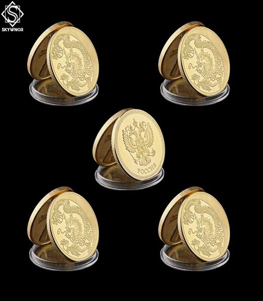 5PCS Einzelhandel Russland Sternzeichen Drache Fliege Tier Loong Handwerk Gold Gedenkmünze Metall Runde Geschenk Decor2283699