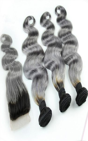 1BGrey Brasileiro Ombre Pacotes de Cabelo Humano Com Fechamento de Renda Cinza Prata Dois Tons de Cabelo Colorido Tecer Com Fechamento Corpo Ondulado 4 PcsL5871898