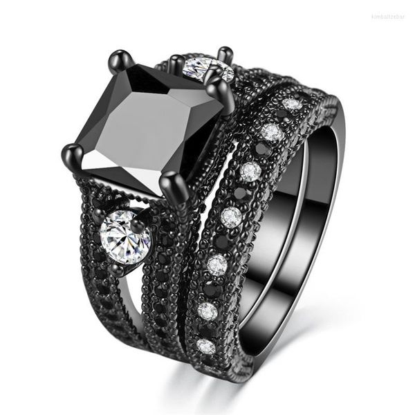 Fedi nuziali Gioielli di moda all'ingrosso Princess Cut Purple Zircon Stone Black Filled Ring Set Anniversario