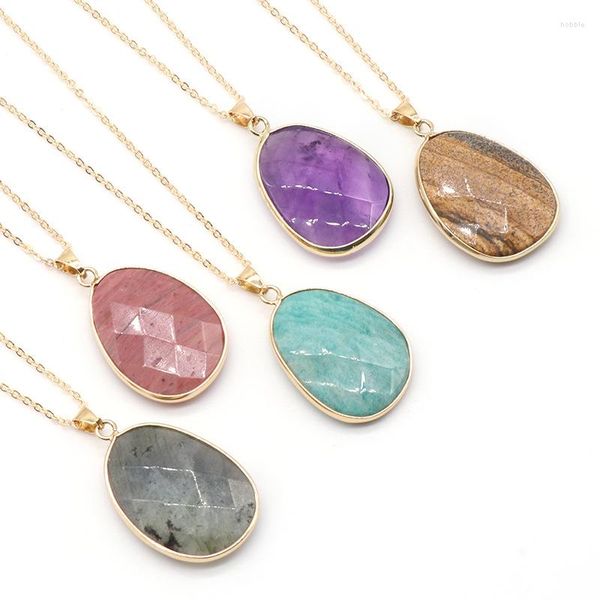 Anhänger Halsketten Große Geometrische Natürliche Kristallstein Halskette Für Frauen Lapis Amazonit Amethysten Rosa Quarz Pendelheilung