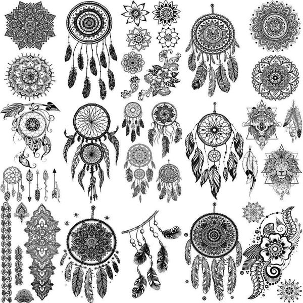 5 PC Tatuaggi temporanei Black Mandala Dream Catcher Tatuaggi temporanei per donne Ragazze adulte Collo Freccia Tatoo Piuma Realistico Tatuaggio finto Piccolo adesivo Z0403