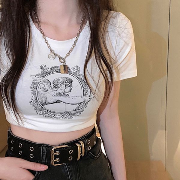 Damen T-Shirt 2000er Jahre süße ästhetische Crop Tops für Frauen Angel Print T-Shirt Harajuku Streetwear Sommer Kawaii Baby Tee Grunge Fairy Y2K 230403