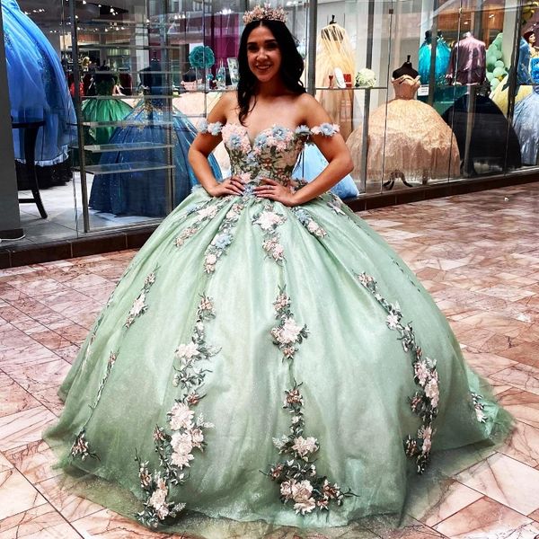 Mexiko-Salbeigrün, glänzend, schulterfrei, Ballkleid, Quinceanera-Kleid für Mädchen, 3D-Blumen, Geburtstagsparty-Kleider, Ballkleider, Süßes 16