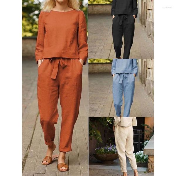 Damen zweiteilige Hose 2023 Sommer Damen Sets einfarbig Anzug Baumwolle und Leinen Rundhals Bluse Hose 2pc Langarm lässig