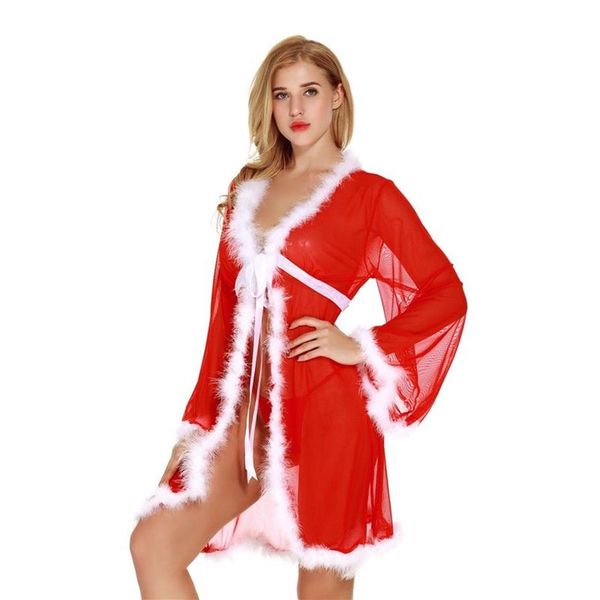 Vacanze di Natale Bianco Pelliccia Fuzzy Trim Rosso Kimono Robe con Slip Set Donna Sexy Babbo Natale Abbigliamento intimo Lingerie Sheer Lacy Sleepw289t