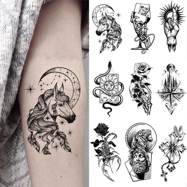 5 PC Tatuaggi Temporanei Impermeabile Autoadesivo Del Tatuaggio Temporaneo Pregare Rosario Colomba Flash Tatoo Scorpione Rosa Braccio Old School Polso Tatuaggio Finto Per Body Art W Z0403