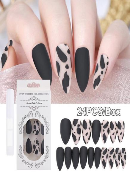 Falsas unhas 24pcsbox preto fosco leopardo dicas de unhas stiletto vaca padrão falso com cola capa completa meninas arte acessório6995652