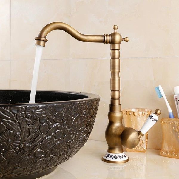 Torneiras de pia do banheiro de luxo retro torneira antiga bacia de bronze porcelana cerâmica 360 rotação torneiras e misturador frio