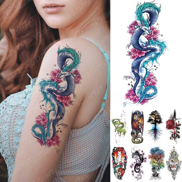 5 PC Tatuaggi temporanei Impermeabile Autoadesivo del tatuaggio temporaneo Drago di ghiaccio blu Fiore di prugna Flash Tatuaggi Albero genealogico Volpe Body Art Braccio Tatoo finto Donna Uomo Z0403