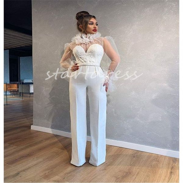 Simples branco macacão vestido de baile 2024 ilusão manga longa árabe dubai moderno noite pantsuit chi feminino alta pescoço festa formal robe de soriee vestidos de noche